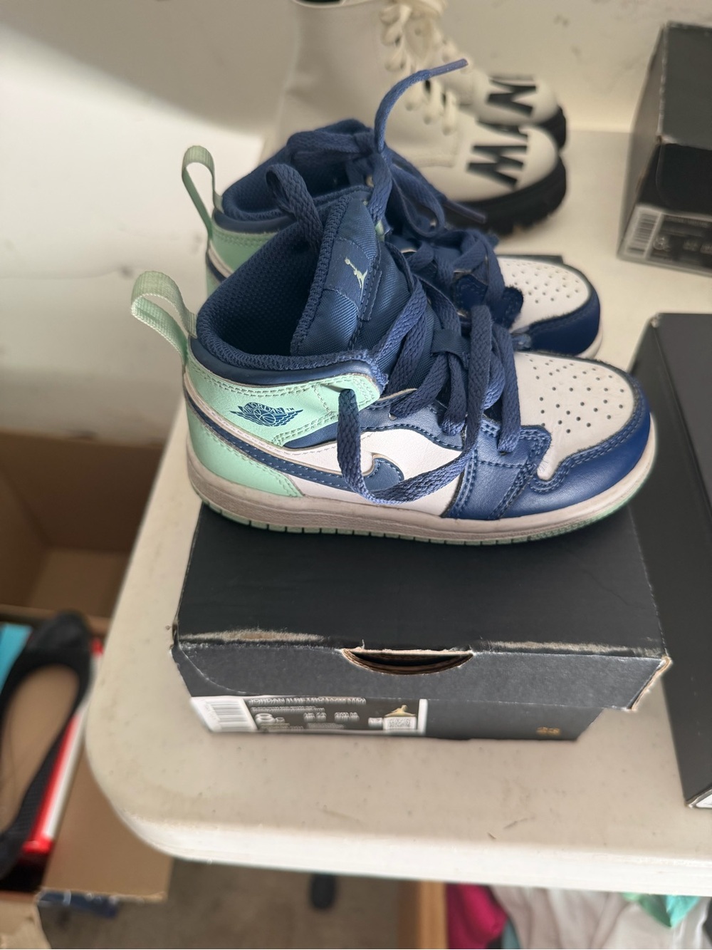 Jordan Kids Mid-Top Sneakers in Navy, Mint, and White